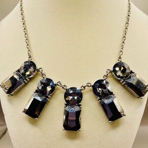 Rhinestone necklace. Fringe bib. 5 dangles. Silver tone. 18 inches